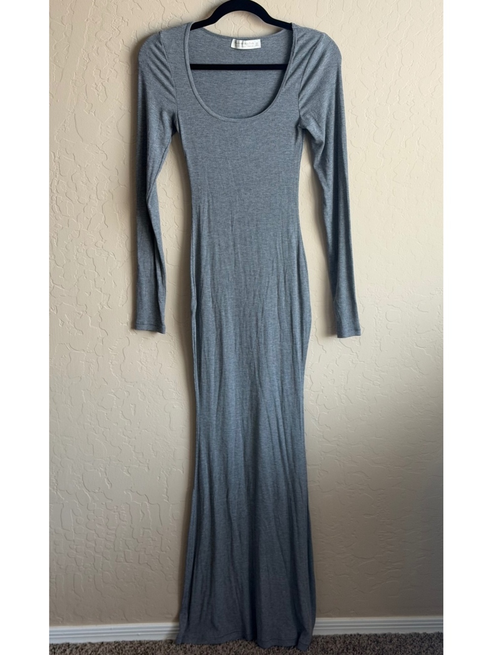 Abercrombie & Fitch Lounge Maxi Dress XS Gray Ribbed Long Sleeve Bodycon 59”